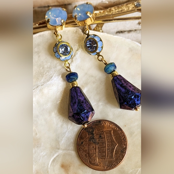 Blue Metallic AB Flower Crystal & Fire Polished Blue Czech Beads Dangle Earrings - Picture 3 of 7